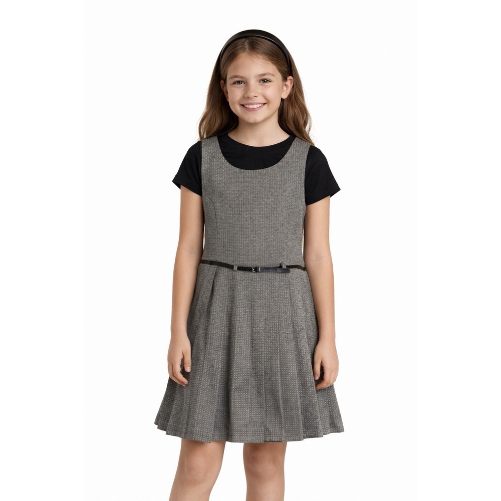 Tahari Girl 10 Gray Tweed Jumper Dress Black Top Belted School Holiday Headband‎